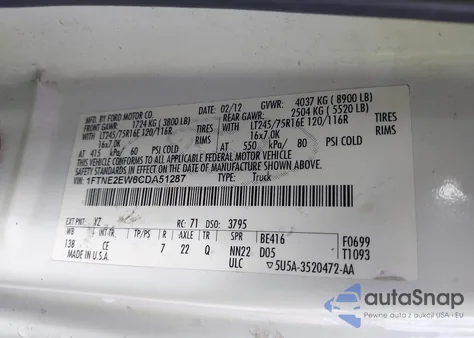 2012 Ford E-250 Commercial z USA, uszkodzony, nr VIN 1FTNE2EW6CDA51287